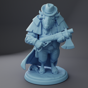 a blue plastic figurine of a man with a gun