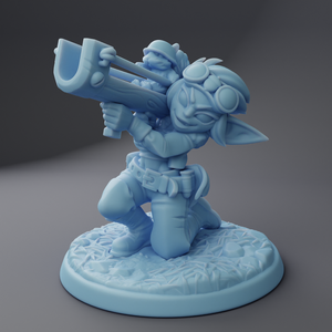 a blue plastic figurine of a man with a trumpet