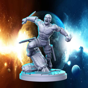 a statue of a man standing in front of a space background
