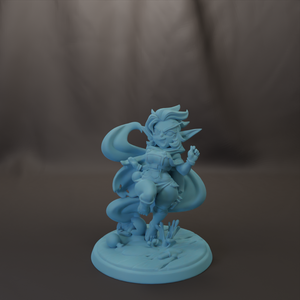 A light blue figurine of a character with a flowing cape and wings, standing on a base with a dark background.