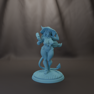 A figurine of a woman with a large hat and a long tail, standing on a base.