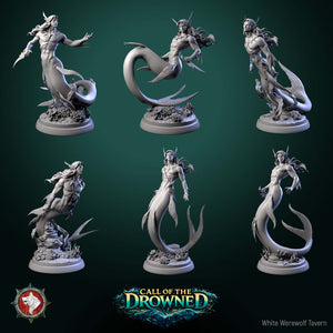 six 3D models of mermaids, each in a different pose, set against a dark green background.