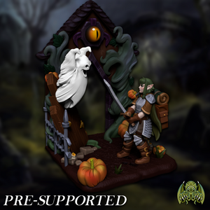 A 3D model of a fantasy scene featuring a character with a sword, a ghost, and a pumpkin. The scene appears to be a miniature diorama or model, with various elements such as a castle, a tree, and a pumpkin. The image is described as "pre-supported" and "supported", indicating that it is a model or diorama that has been created and is ready for use.