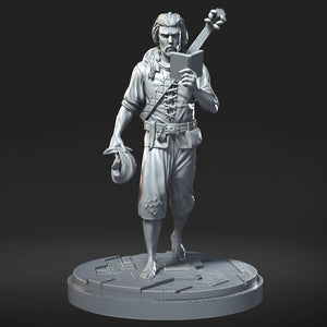 A 3D rendering of a man holding a book and a guitar, standing on a platform.