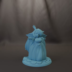 A light blue figurine of a person wearing a dress and crown, standing on a small base.