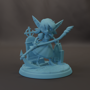 A light blue figurine of a fairy or magical creature holding a staff and standing on a pedestal.