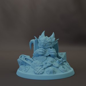 A 3D rendering of a dragon-like creature with sharp teeth and claws, sitting on a pile of various objects.