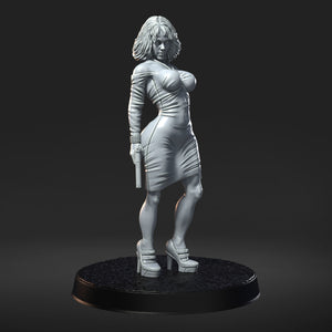 A 3D rendering of a female character in a dress and high heels, standing on a black base against a dark background.