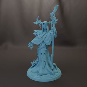 A 3D model of a fantastical, winged creature with intricate, flowing robes and a long, pointed staff.