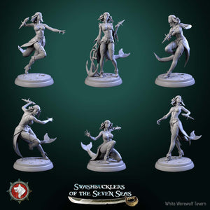 The image is a collage of six figurines depicting various poses and actions of a mermaid character from the video game "Swashbucklers of the Seven Seas".