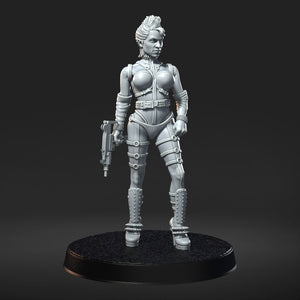 A 3D rendering of a female character in a futuristic outfit, holding a weapon, standing on a platform.
