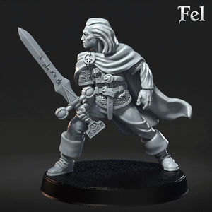 A 3D rendering of a warrior figure holding a sword and shield, standing in a fighting stance.
