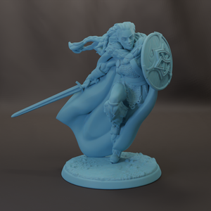 A figurine of a female warrior wielding a shield and sword, with flowing hair and a determined expression.