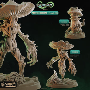 The image is a collage of three detailed figurines of mushroom guardians, each with unique features and designs. The figurines are set against a dark background, highlighting their intricate details and craftsmanship.