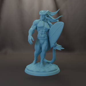 A blue statue of a muscular man holding a surfboard, standing on a base.