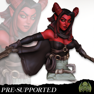 A character with horns and red skin, wearing a black outfit and holding a weapon, is depicted in the image.