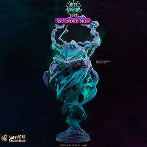 a statue of a ghost-like figure holding a book, surrounded by swirling, ethereal elements.