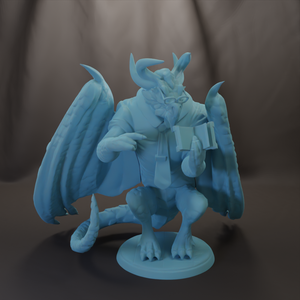 A blue dragon figurine holding a book and standing on a pedestal.