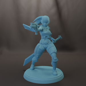 A blue 3D model of a female character holding a sword and shield, standing on a base.