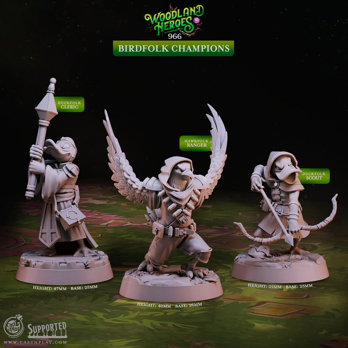 Birdfolk Champions Duckfolk Hawkfolk Ranger Scout Cleric 28mm or 32mm Miniatures Woodland Heroes