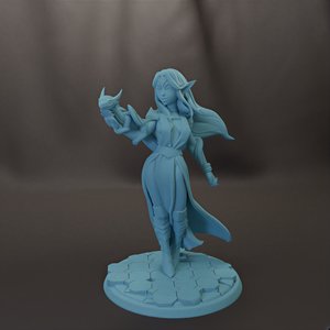 A figurine of a woman with long hair and a flowing dress, holding a dragon in her hand, standing on a platform with a geometric pattern.