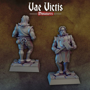 two 3D-rendered miniatures of a character, likely from a fantasy or science fiction setting. The miniatures are standing on platforms and appear to be made of a material that resembles stone or metal. The image does not contain any text, and the focus is on the miniatures themselves.