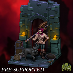 A figurine of a woman with purple hair, holding a large weapon, standing next to a wolf, in a fantasy setting with a castle-like structure.