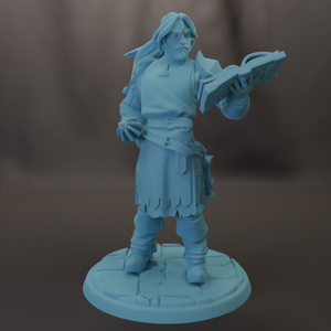 A 3D model of a character holding a book, standing on a base.