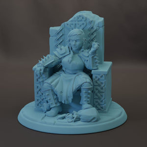 A 3D rendering of a female character sitting on a throne-like structure, wearing armor and holding a weapon.
