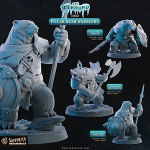 The image is a promotional advertisement for a set of polar bear warrior figurines. It features three different polar bear warrior statues, each with unique poses and weapons, set against a dark background.