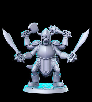 A 3D rendering of a warrior figure with multiple arms, wielding weapons and armor, standing on a platform against a dark background.