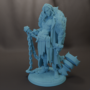 A 3D model of a warrior figure, holding a chain and a weapon, standing on a base.