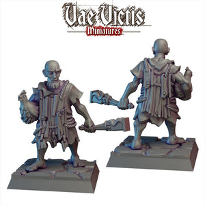 two 3D models of a character, one standing and one kneeling, both holding various tools and weapons. The character is wearing a long robe and has a beard. The image does not contain any text.