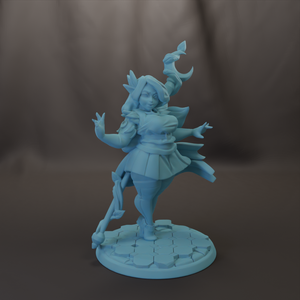 A figurine of a female character with a large head and long hair, standing on a platform and holding a crescent moon in her hand.