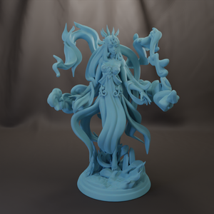 A 3D model of a female character with flowing hair and a crown, depicted in a stylized and intricate manner.
