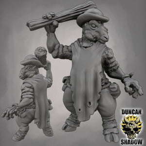 A 3D rendering of a fantastical creature with a large head, a long beard, and a hat, holding a large stick or branch in its hand.