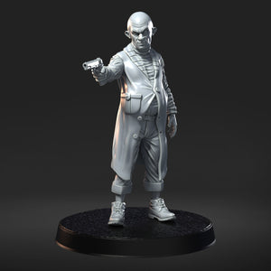 A 3D rendering of a character in a white outfit, holding a gun and standing on a platform.
