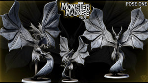 three detailed 3D models of a fantastical creature, likely a mythical or magical being, with wings and a tail. The creature appears to be a dragon or serpent-like creature, with intricate and detailed features. The background of the image is dark, which contrasts with the lighter elements of the creature and the 3D models. The image is a collage of three separate images, each depicting a different angle or perspective of the creature.