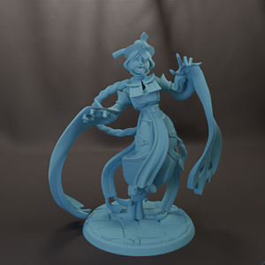 A 3D model of a female character with a flowing, ethereal appearance, wearing a long dress and headdress, and holding a staff.