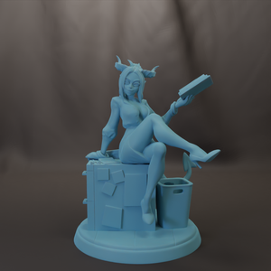 A light blue 3D model of a female character sitting on a structure with various geometric shapes and patterns.
