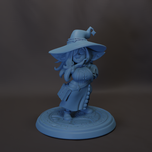 A 3D model of a character wearing a large hat and holding a book, standing on a circular base.