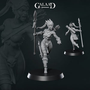 a female warrior character with a spear and a bow, standing in a fighting stance.