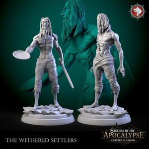 two white statues of muscular, long-haired figures, one holding a frisbee, against a dark green background. The text below the statues reads "The withered settlers" and "The Apocalypse: Chapter III: Famine".