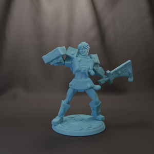 A 3D model of a warrior figure holding a sword and shield, standing on a platform.