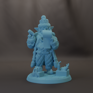 A figurine of a person holding a scroll and standing on a base with various objects around it.