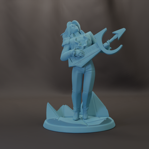 A figurine of a woman holding a musical instrument, possibly a guitar or keyboard, with a large anchor-like symbol on her back.