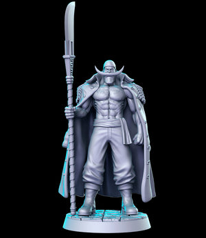A 3D rendering of a muscular, armored figure holding a spear and standing on a platform.