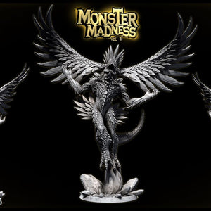 A 3D rendering of a winged, winged creature with a fierce expression, standing on a rock formation. The creature appears to be a mythical or fantastical being, possibly a dragon or a similar creature. The background is dark, which emphasizes the details of the creature and its surroundings.