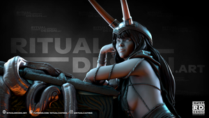 A 3D rendering of a female character with long hair and a helmet, sitting in a dark environment with the word "RITUAL" prominently displayed.