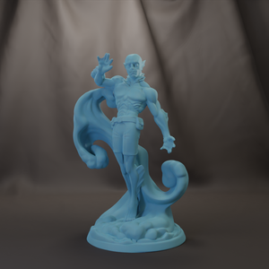 A figurine of a muscular, blue-colored character with a raised fist, standing on a base and appearing to be in motion.